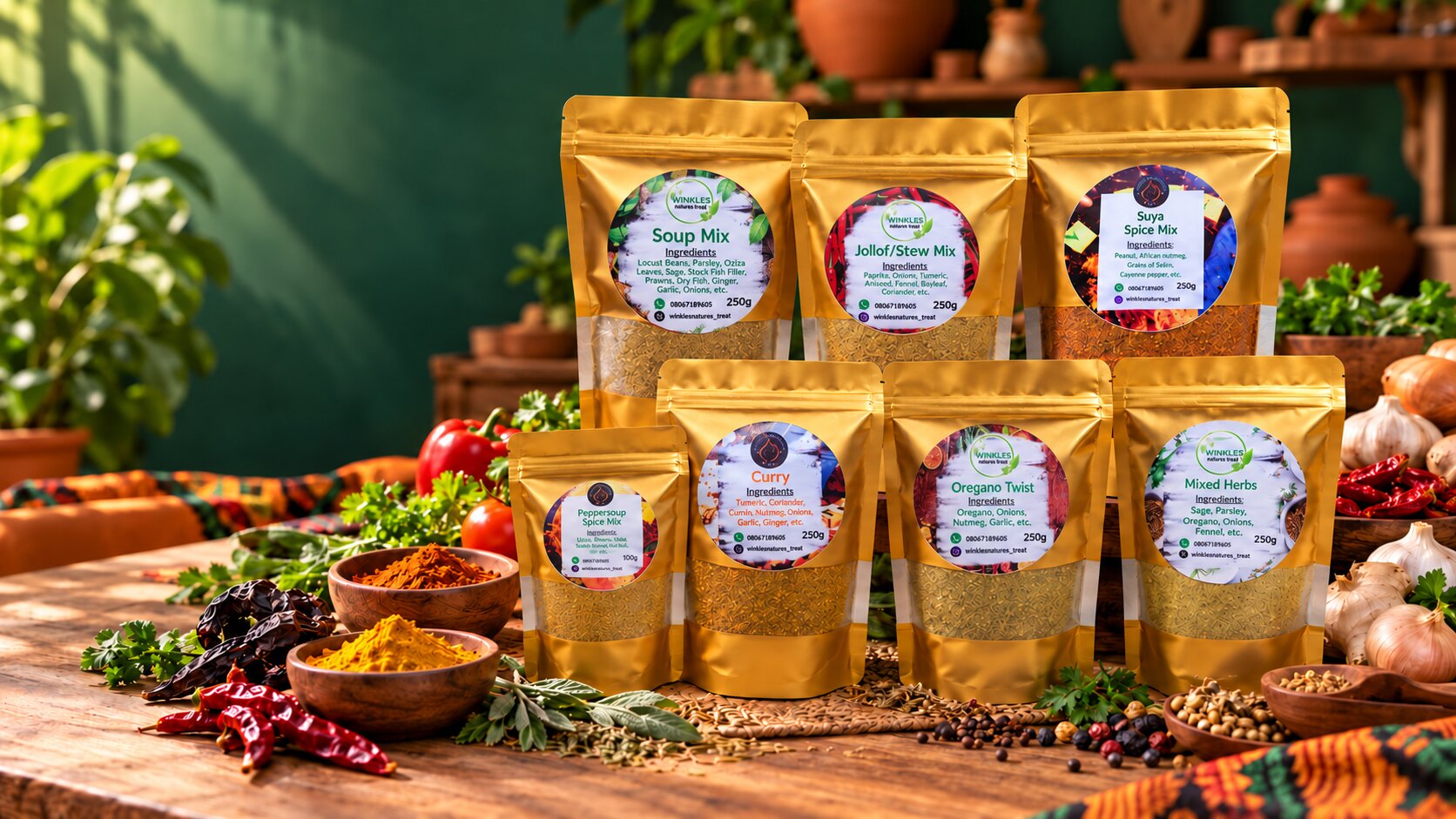 Winkles Nature’s Treat Foods seven signature spice blends displayed in a colourful kitchen setting