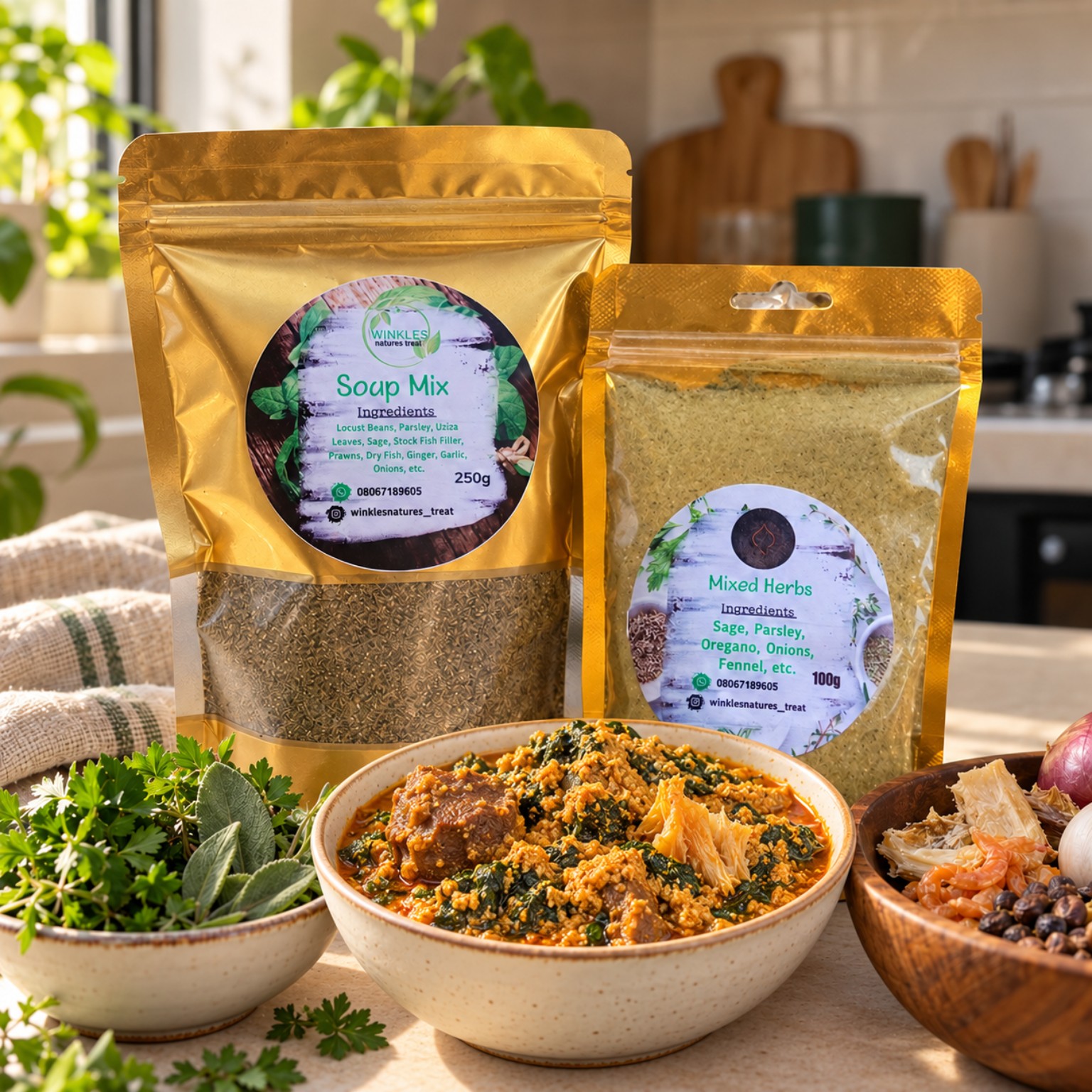 Winkles Soup Mix and Mixed Herbs beside a bowl of native soup