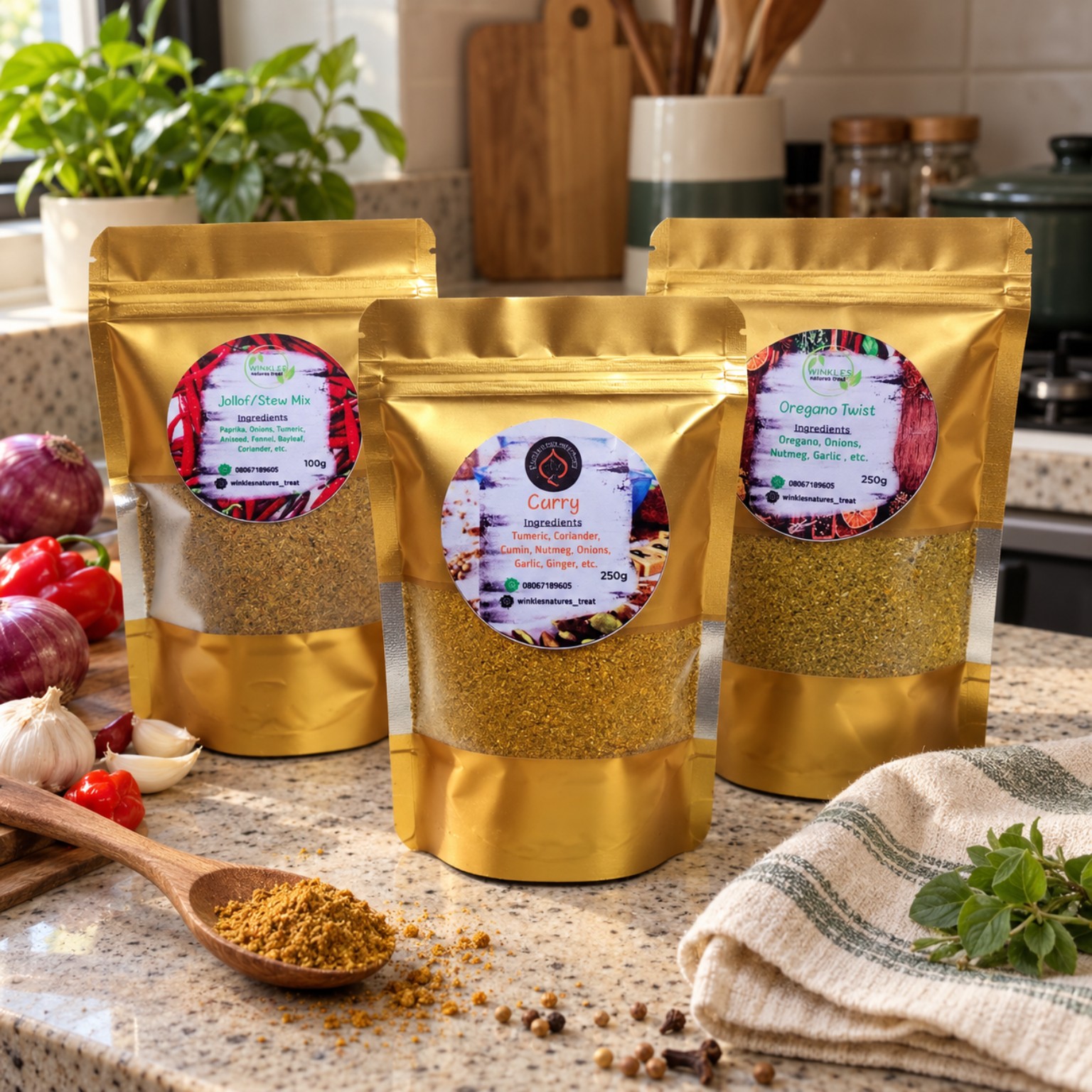 Winkles Curry Mix, Jollof and Stew Mix, and Oregano Twist trio